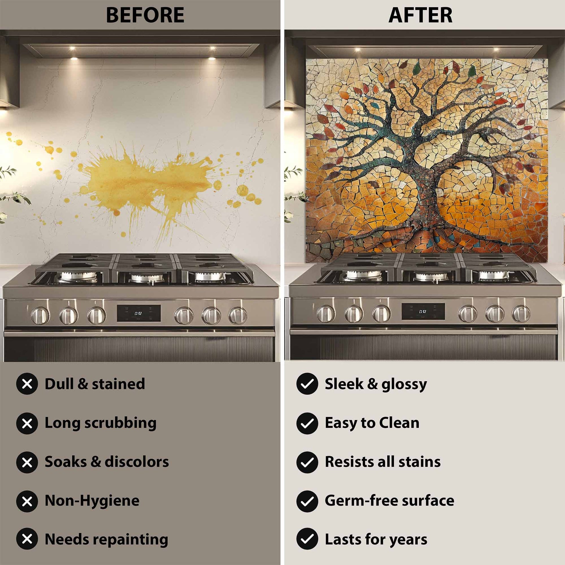 Before and after comparison of a kitchen wall with a decorative tree mural.