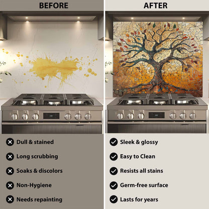 Before and after comparison of a kitchen wall with a decorative tree mural.