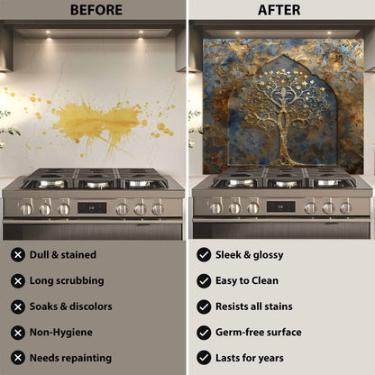 Before and after comparison of a kitchen stove with a decorative backsplash.