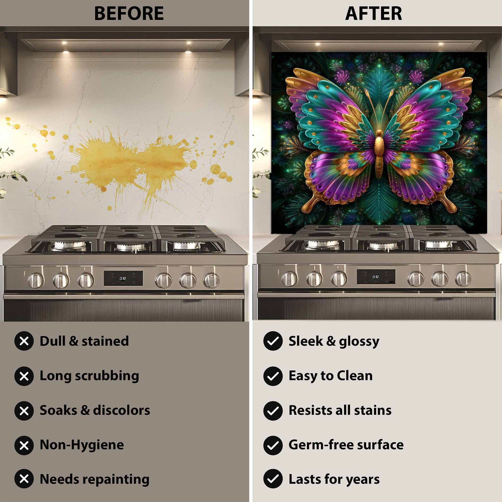 Before and after comparison of a stove with a colorful butterfly design glass backsplash