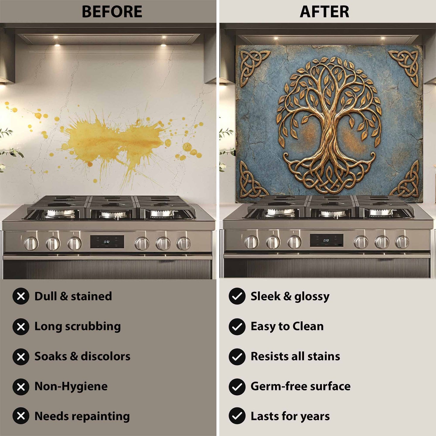 Before and after comparison of a kitchen stove with a decorative backsplash.
