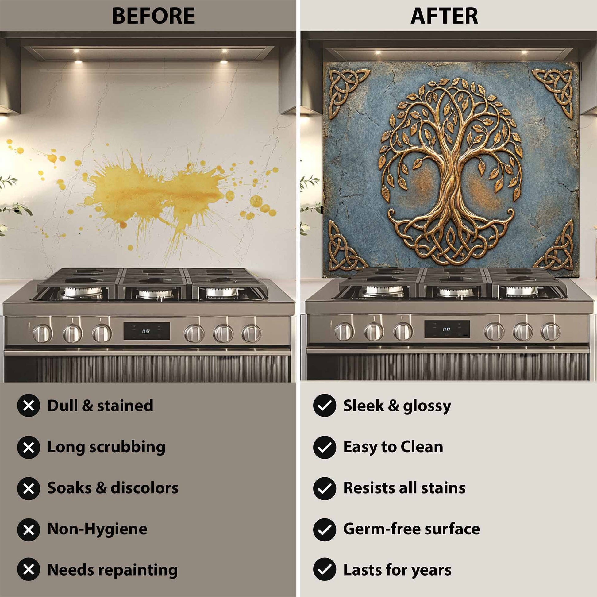 Before and after comparison of a kitchen stove with a decorative backsplash.