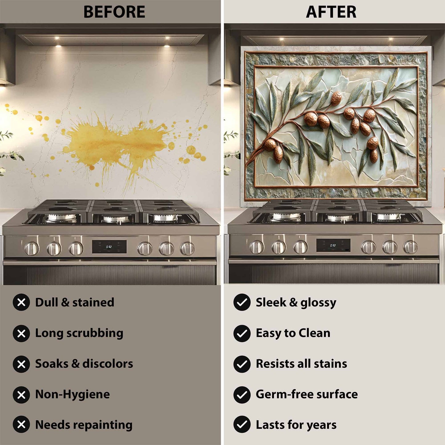 Before and after comparison of a stove with a decorative backsplash.