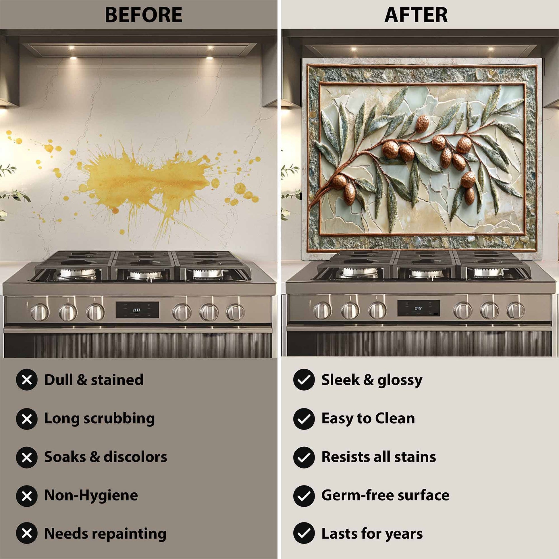 Before and after comparison of a stove with a decorative backsplash.