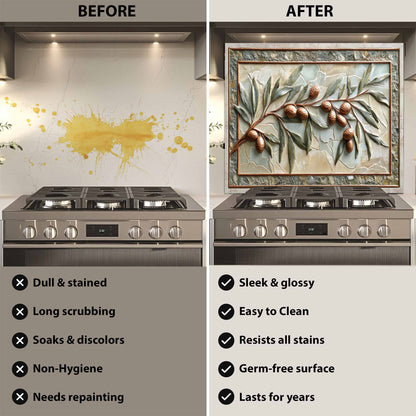 Before and after comparison of a stove with a decorative backsplash.