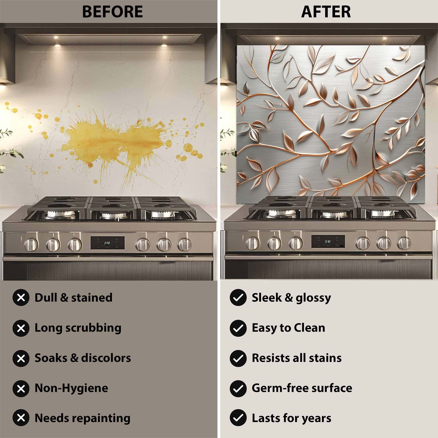 Before and after comparison of a stove with a decorative glass backsplash.