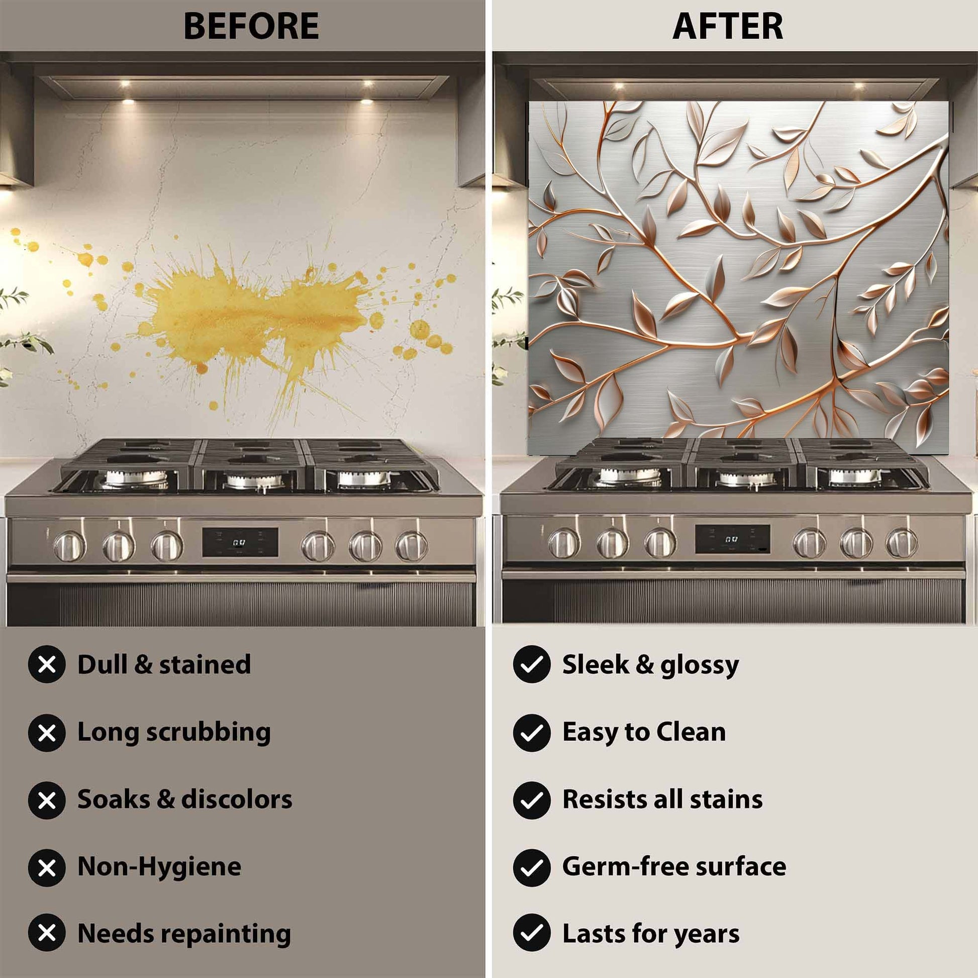 Before and after comparison of a stove with a decorative glass backsplash.