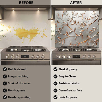 Before and after comparison of a stove with a decorative glass backsplash.