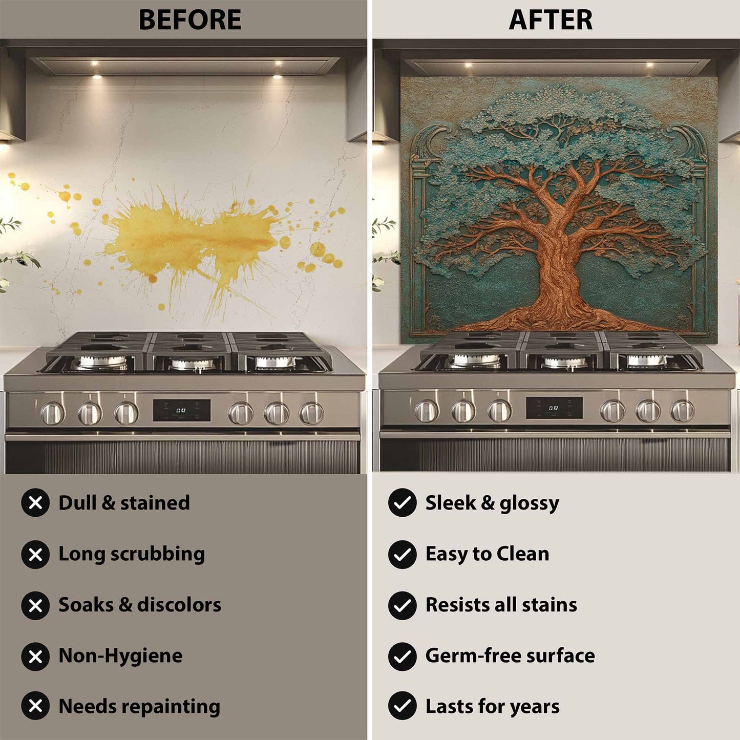Before and after comparison of a kitchen wall with a decorative glass backsplash.