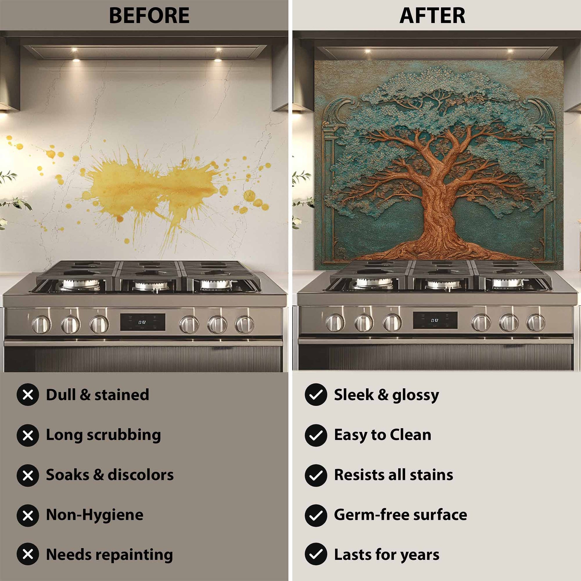 Before and after comparison of a kitchen wall with a decorative glass backsplash.