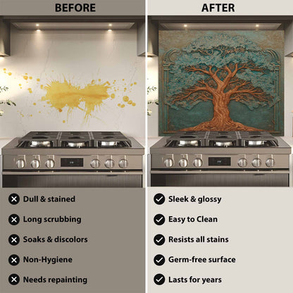 Before and after comparison of a kitchen wall with a decorative glass backsplash.