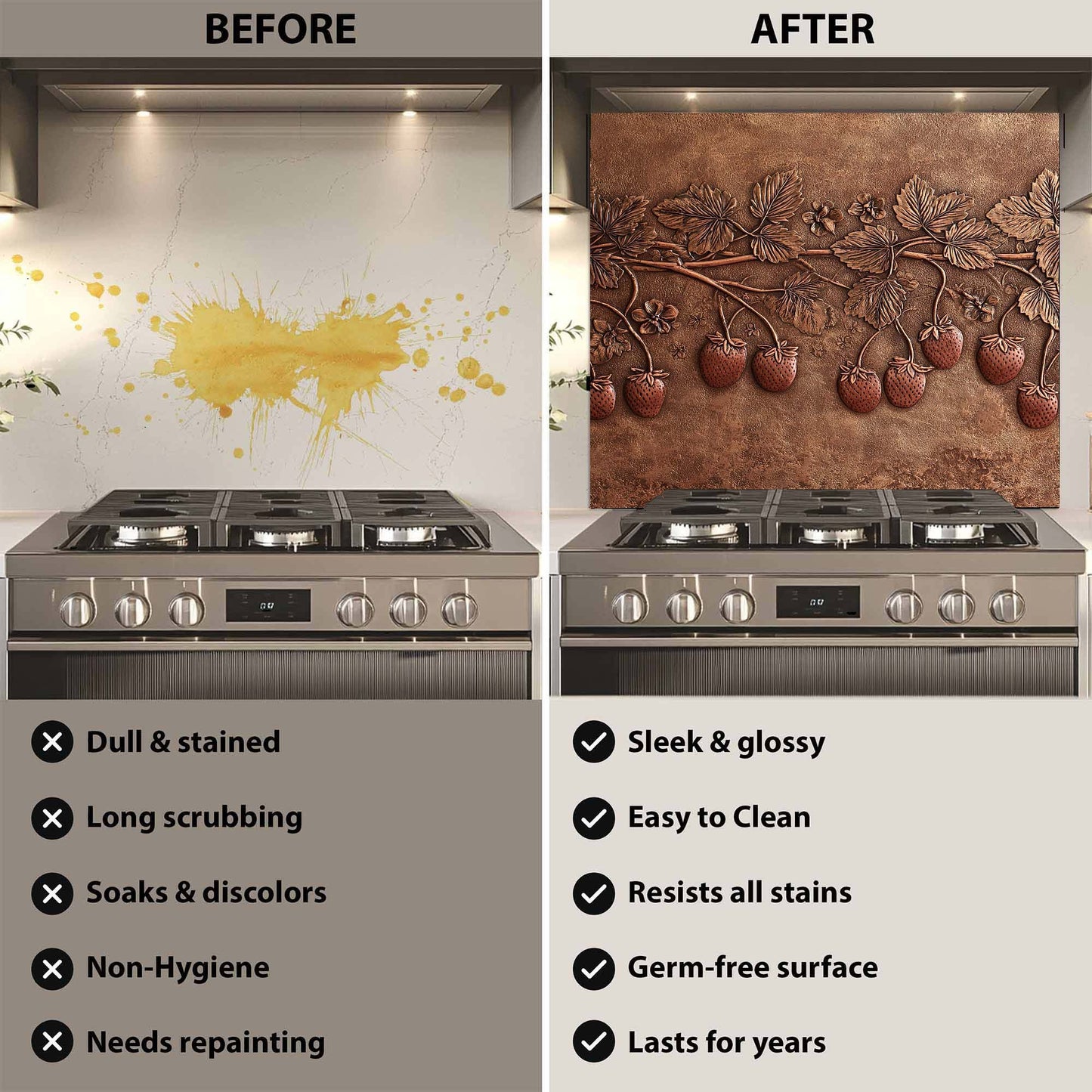 Before and after comparison of a kitchen stove with a decorative backsplash.