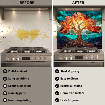 Before and after comparison of a stove with a decorative wall mural.
