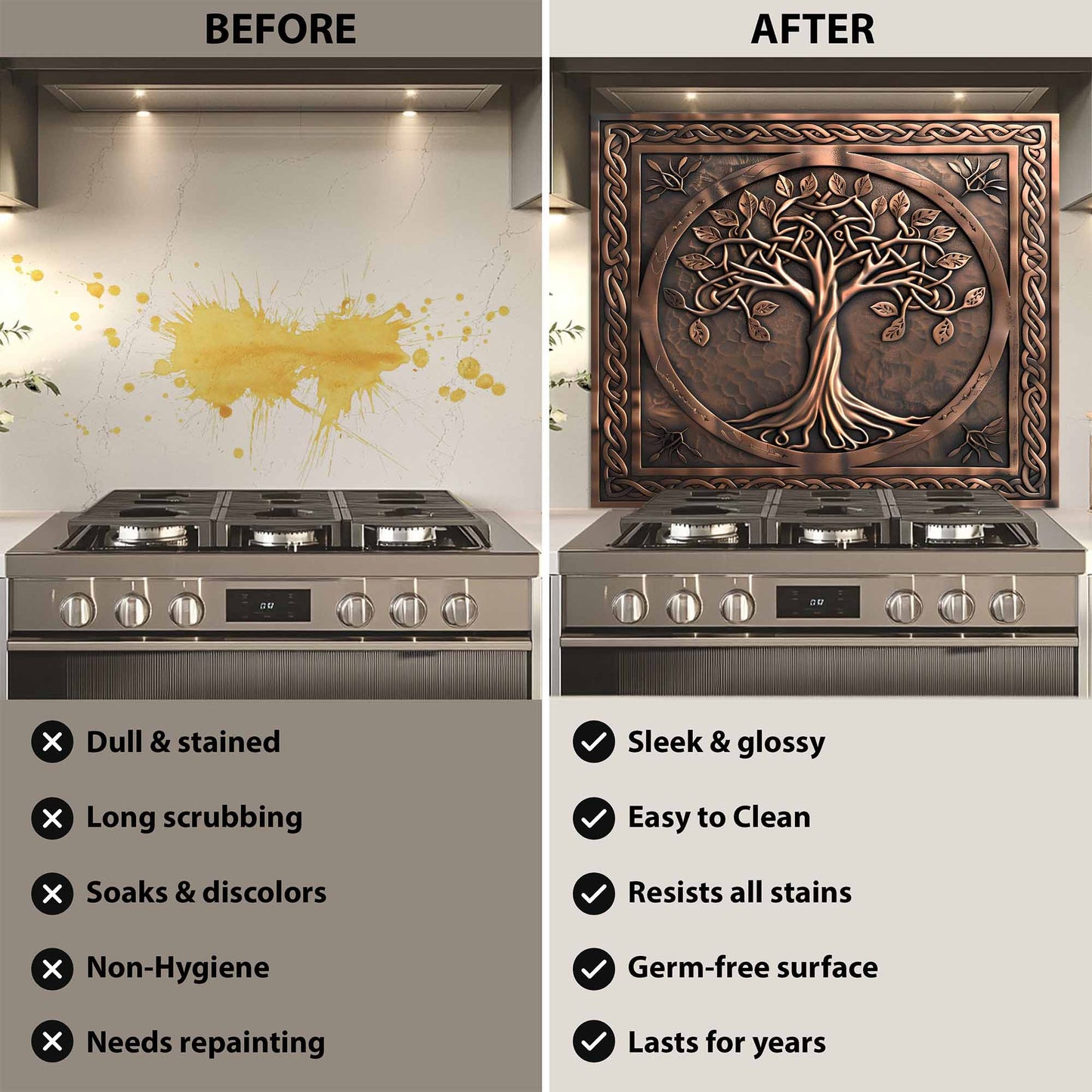 Before and after comparison of a stove with a decorative backsplash.