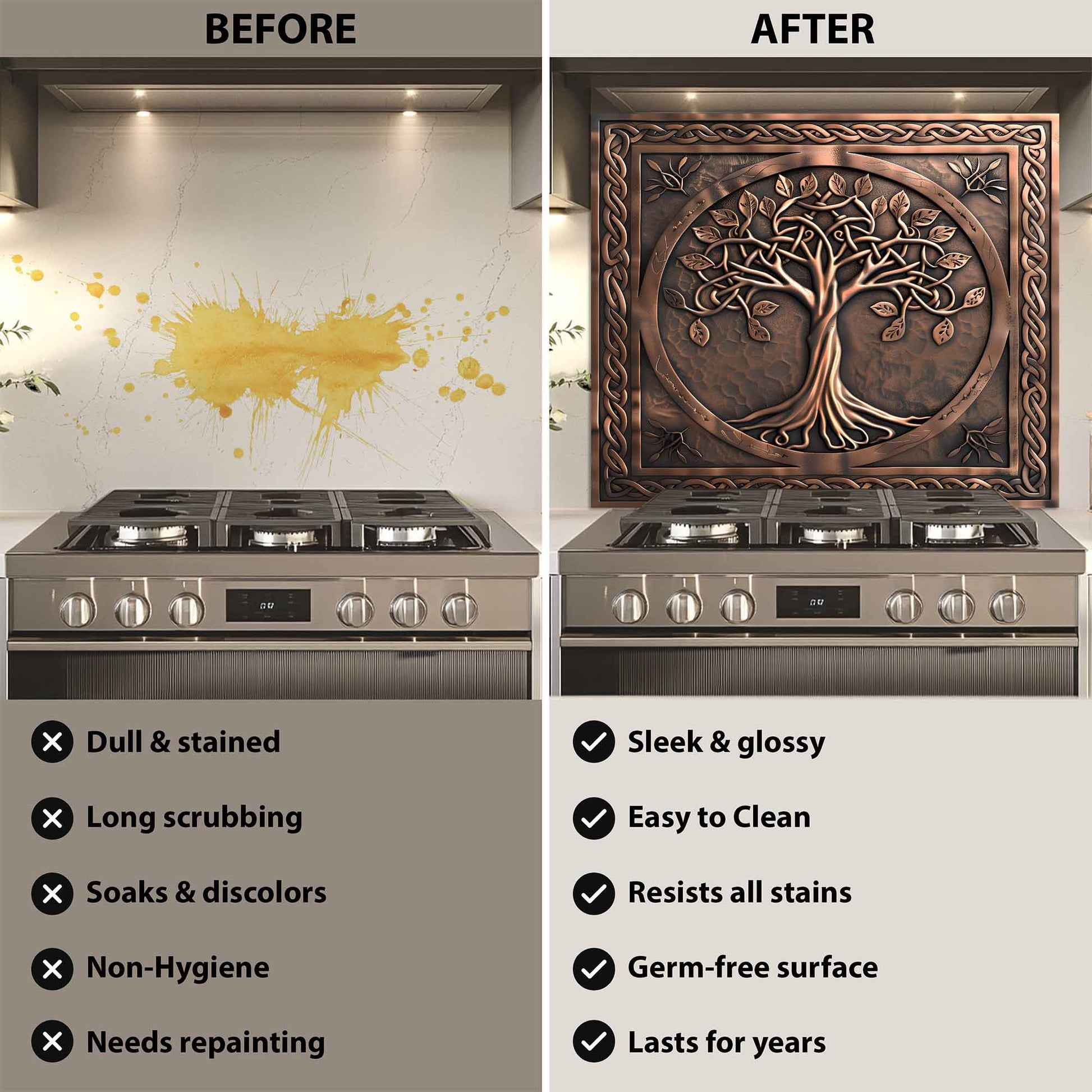 Before and after comparison of a stove with a decorative backsplash.