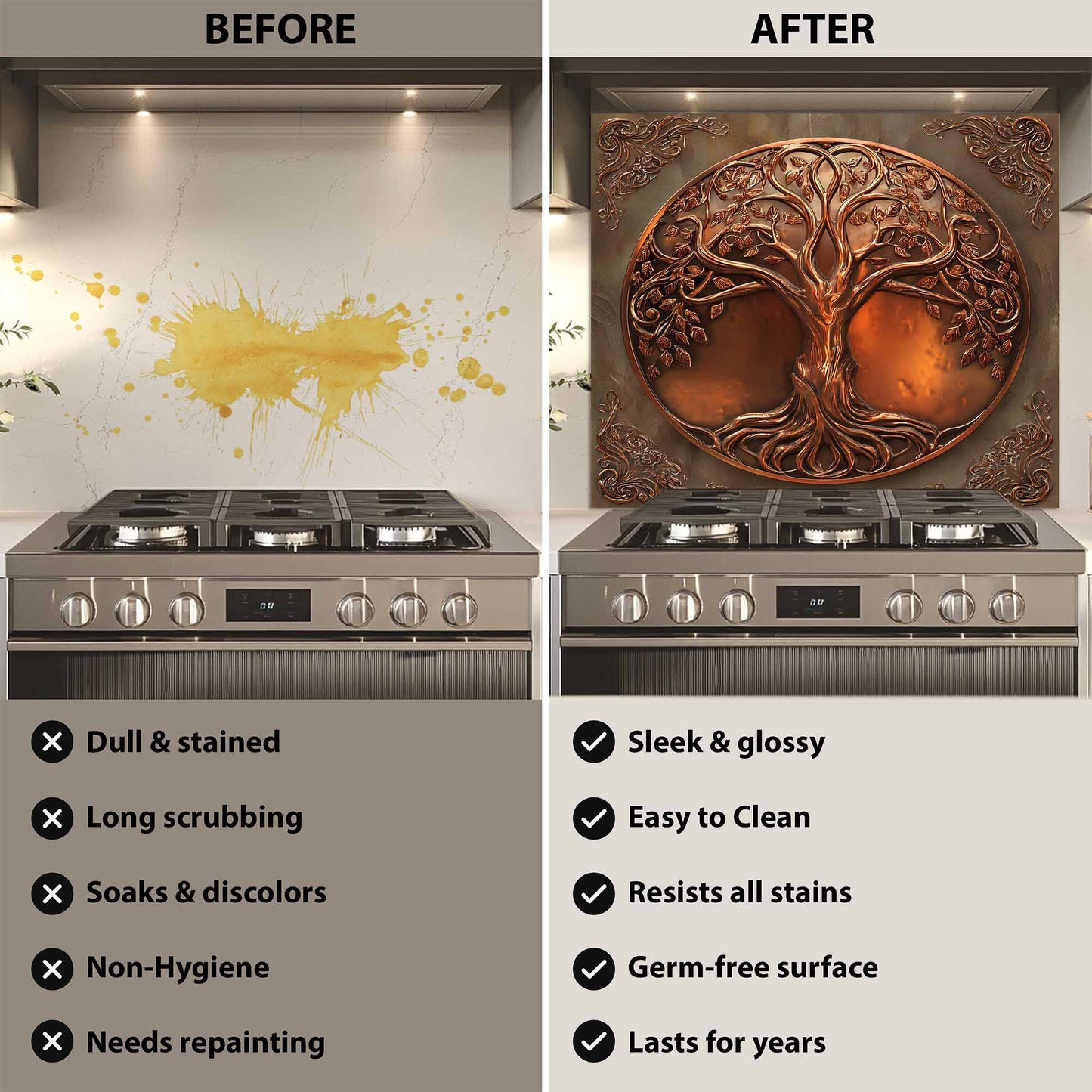 Before and after comparison of a kitchen stove with a decorative tempered glass backsplash