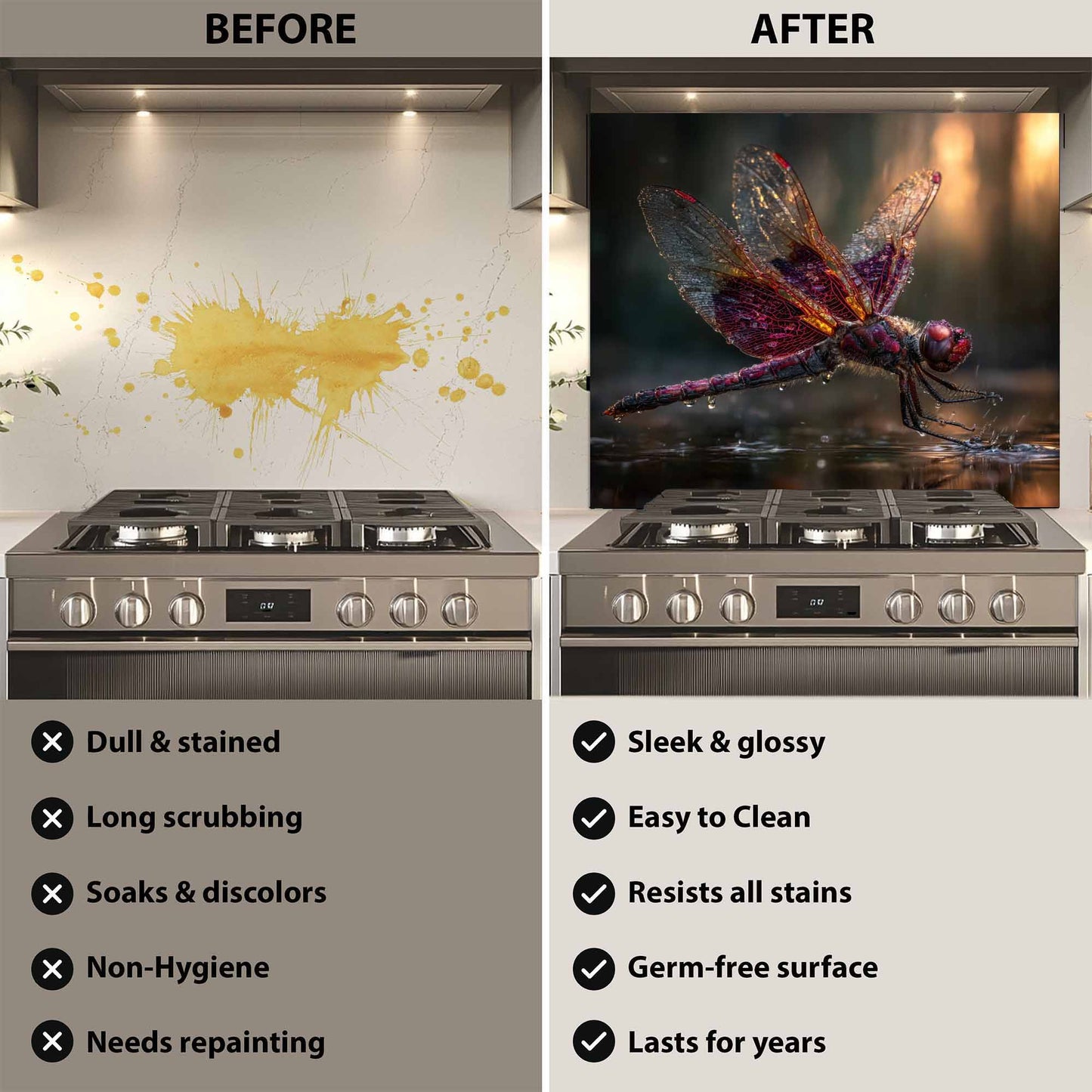 Before and after comparison of a stove with a decorative glass backsplash.