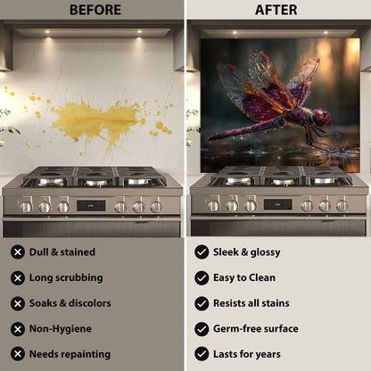 Before and after comparison of a stove with a decorative glass backsplash.