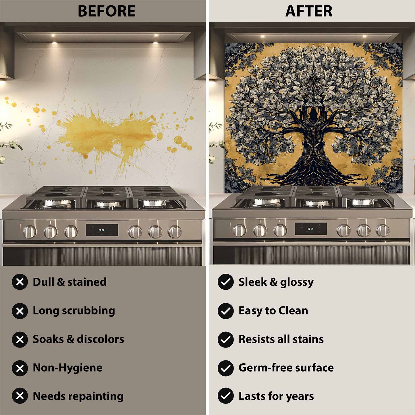 Before and after comparison of a kitchen stove with a decorative wall panel.