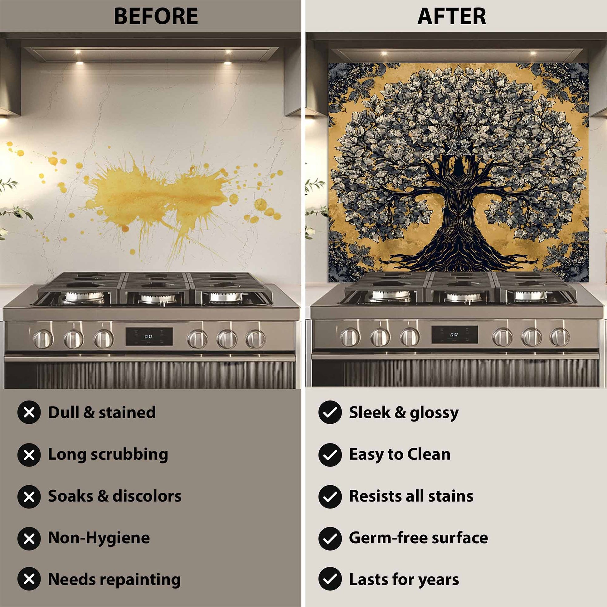 Before and after comparison of a kitchen stove with a decorative wall panel.