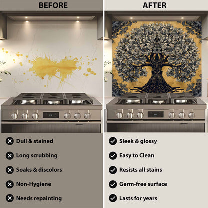 Before and after comparison of a kitchen stove with a decorative wall panel.