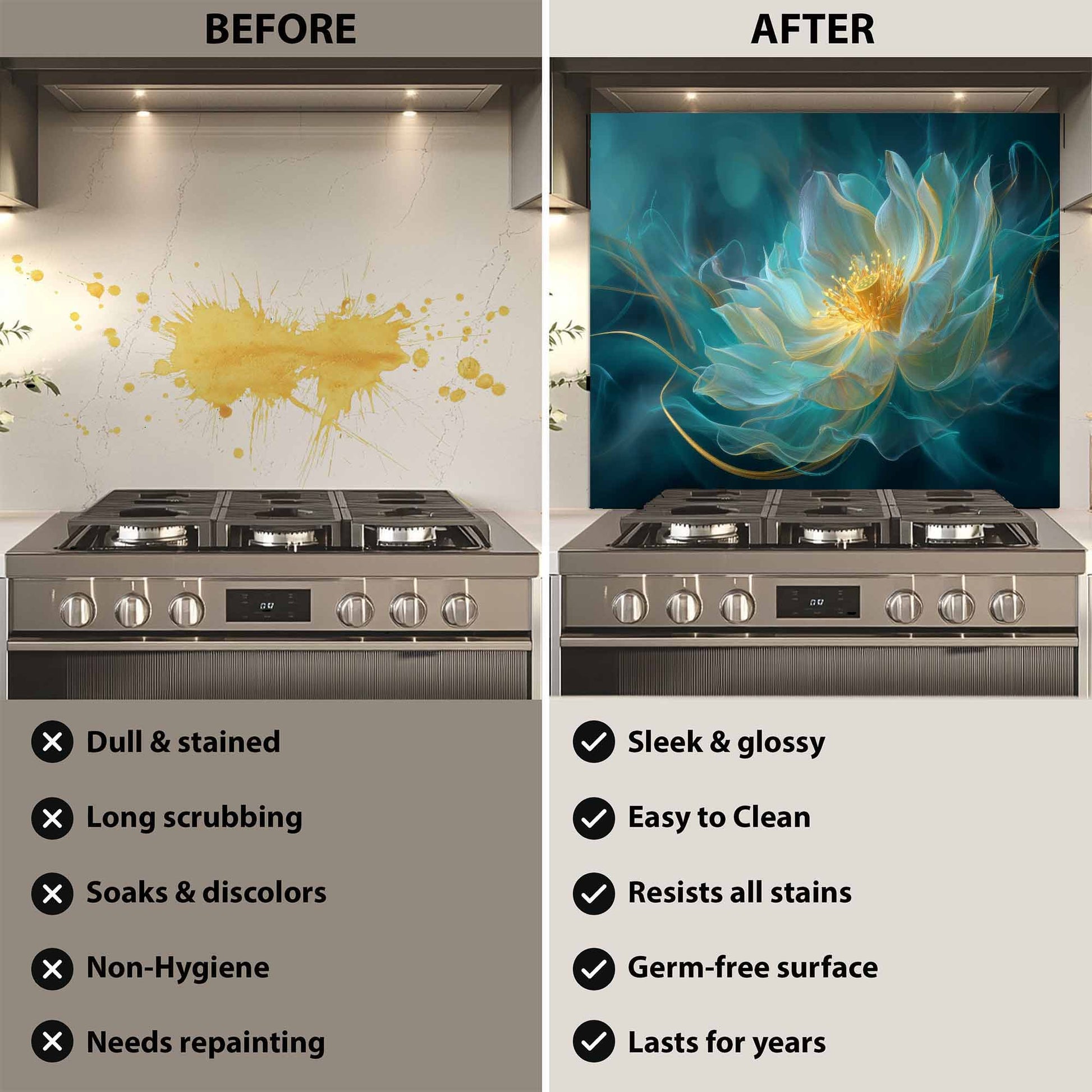 Before and after comparison of a stove with a decorative backsplash.