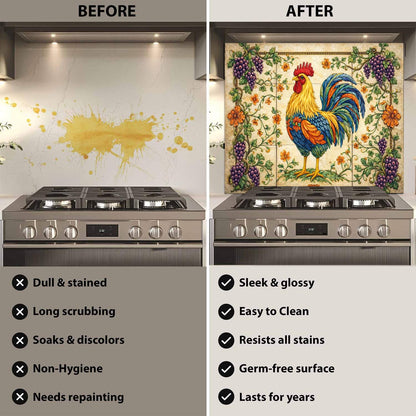 Before and after comparison of a kitchen stove with a decorative backsplash.