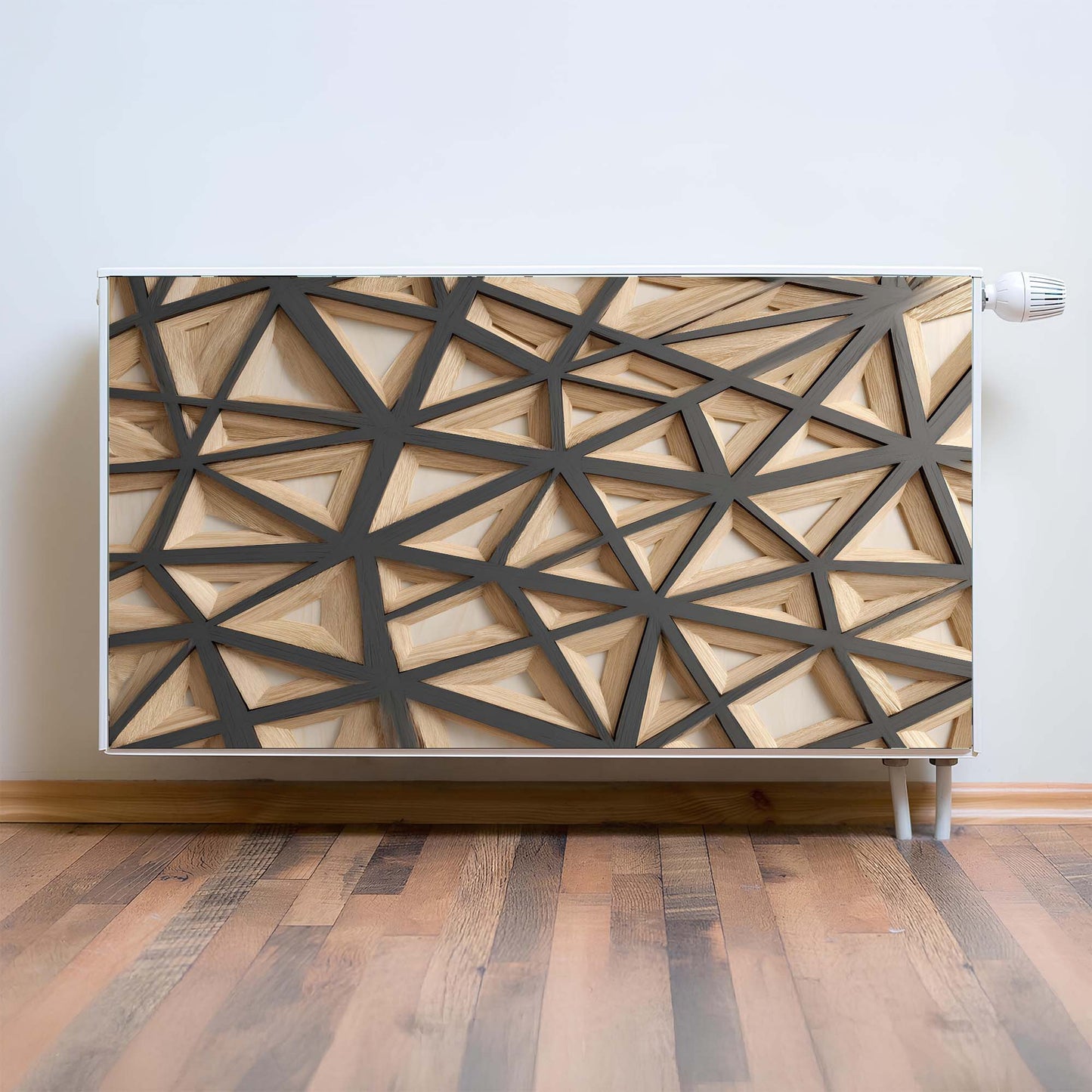 Decorative radiator cover with geometric wood pattern on a wall.