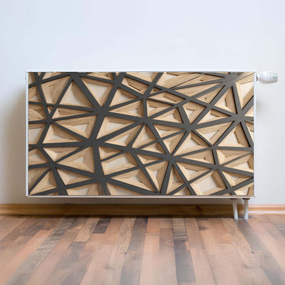 Decorative radiator cover with geometric wood pattern on a wall.