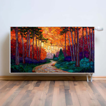 Colorful stained glass-style forest scene on a magnetic radiator cover.