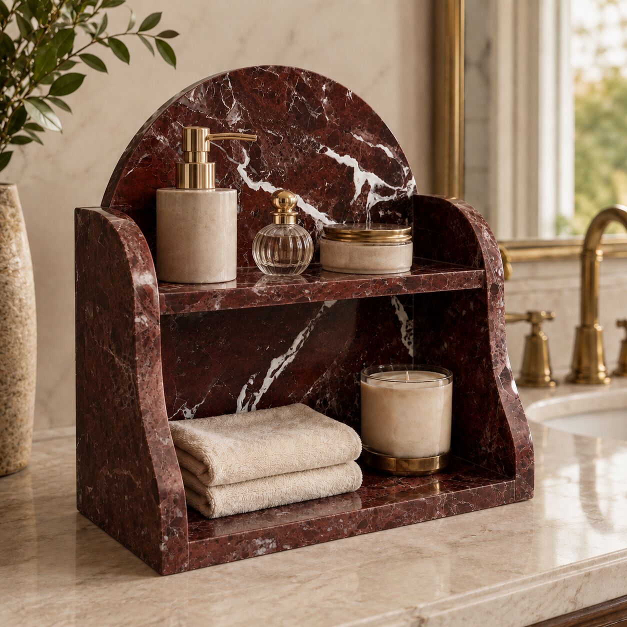A two-tier bathroom vanity organizer made of dark reddish-brown marble, styled with beige soap dispensers, a small perfume bottle, a jar, and folded towels on a marble countertop.