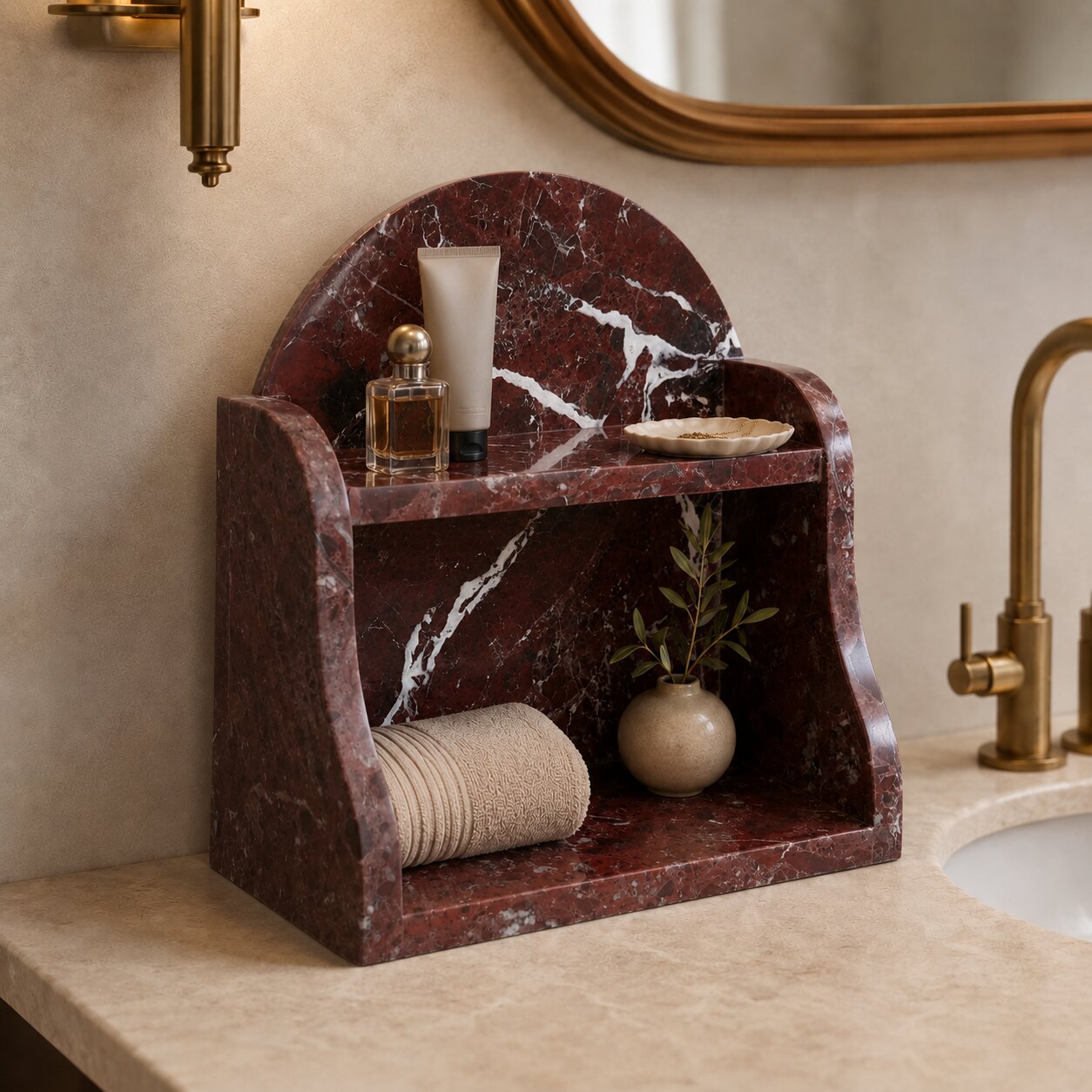 A dark red marble bathroom organizer shelf with a curved backrest, styled on a beige marble countertop next to a brass faucet. The shelf holds a small perfume bottle, a white tube, a dish, a rolled beige towel, and a small vase with greenery.