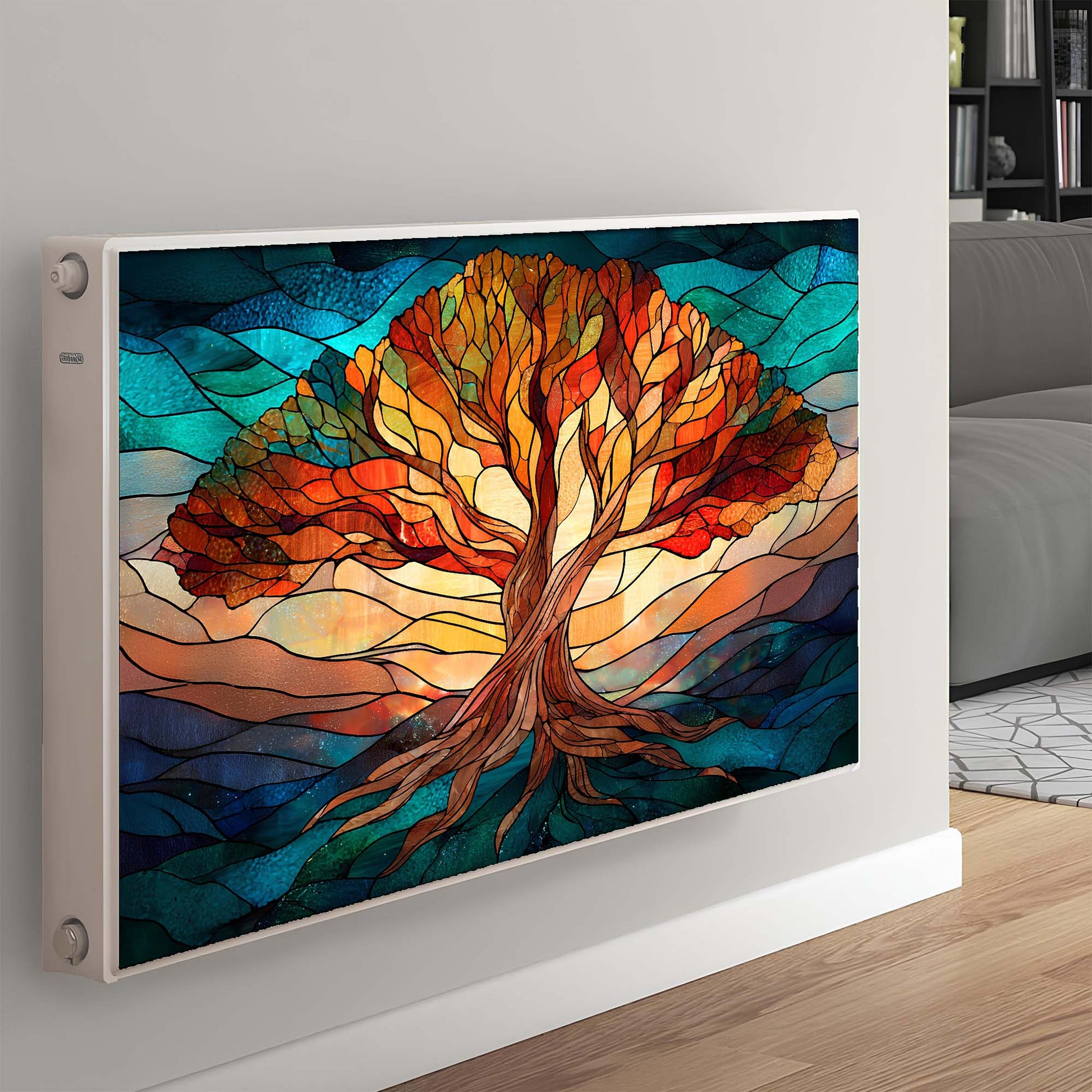 Colorful stained glass-style tree design magnetic cover on a radiator, heater in a living room setting.