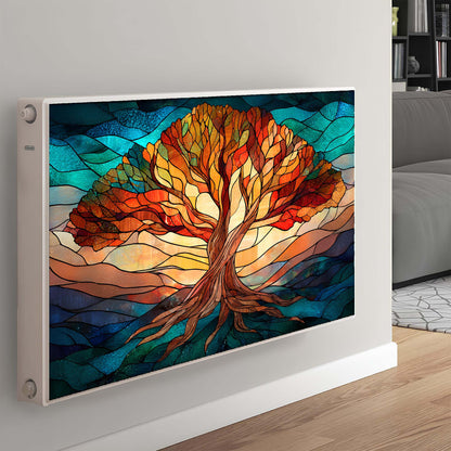 Colorful stained glass-style tree design magnetic cover on a radiator, heater in a living room setting.