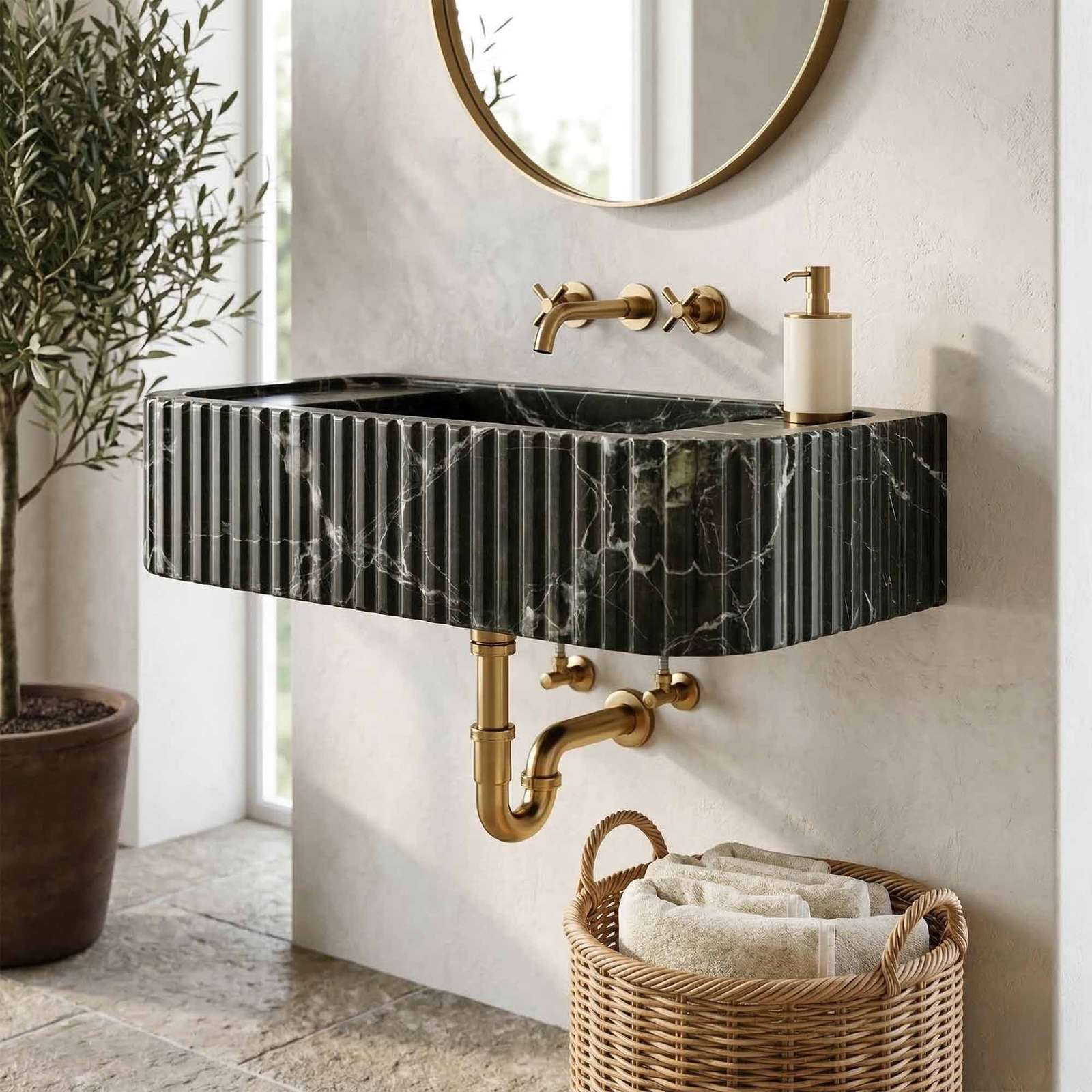 Marble sink with gold fixtures in a bathroom setting