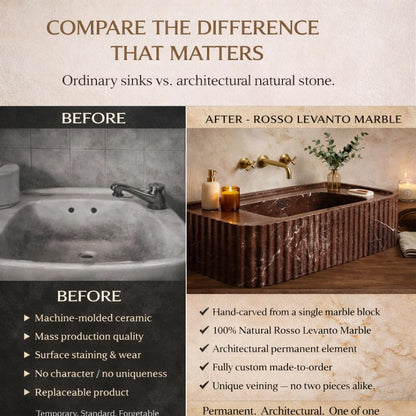 Comparison of ordinary sink vs. Rosso Levanto marble bathtub with text highlighting differences.