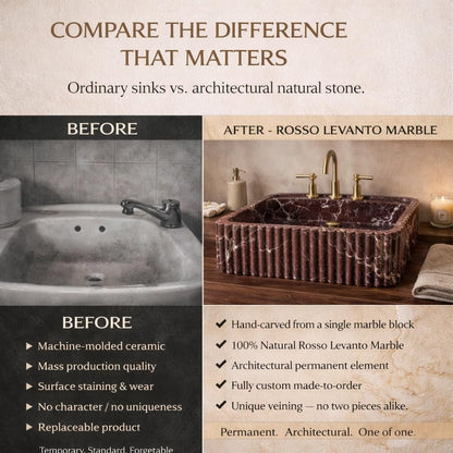 Before and after comparison of a sink with Rosso Levanto marble finish.