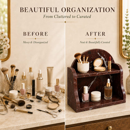 Before and after comparison of a marble double-tier makeup organizer on a bathroom vanity. The left side shows a cluttered arrangement of cosmetics under a mirror labeled 'BEFORE', while the right side shows the dark reddish-brown marble organizer neatly curating the items labeled 'AFTER'.