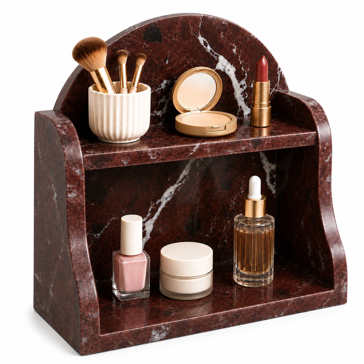 A two-tier vanity organizer made of dark reddish-brown marble with white veining, styled with cosmetics and beauty accessories on a white background.