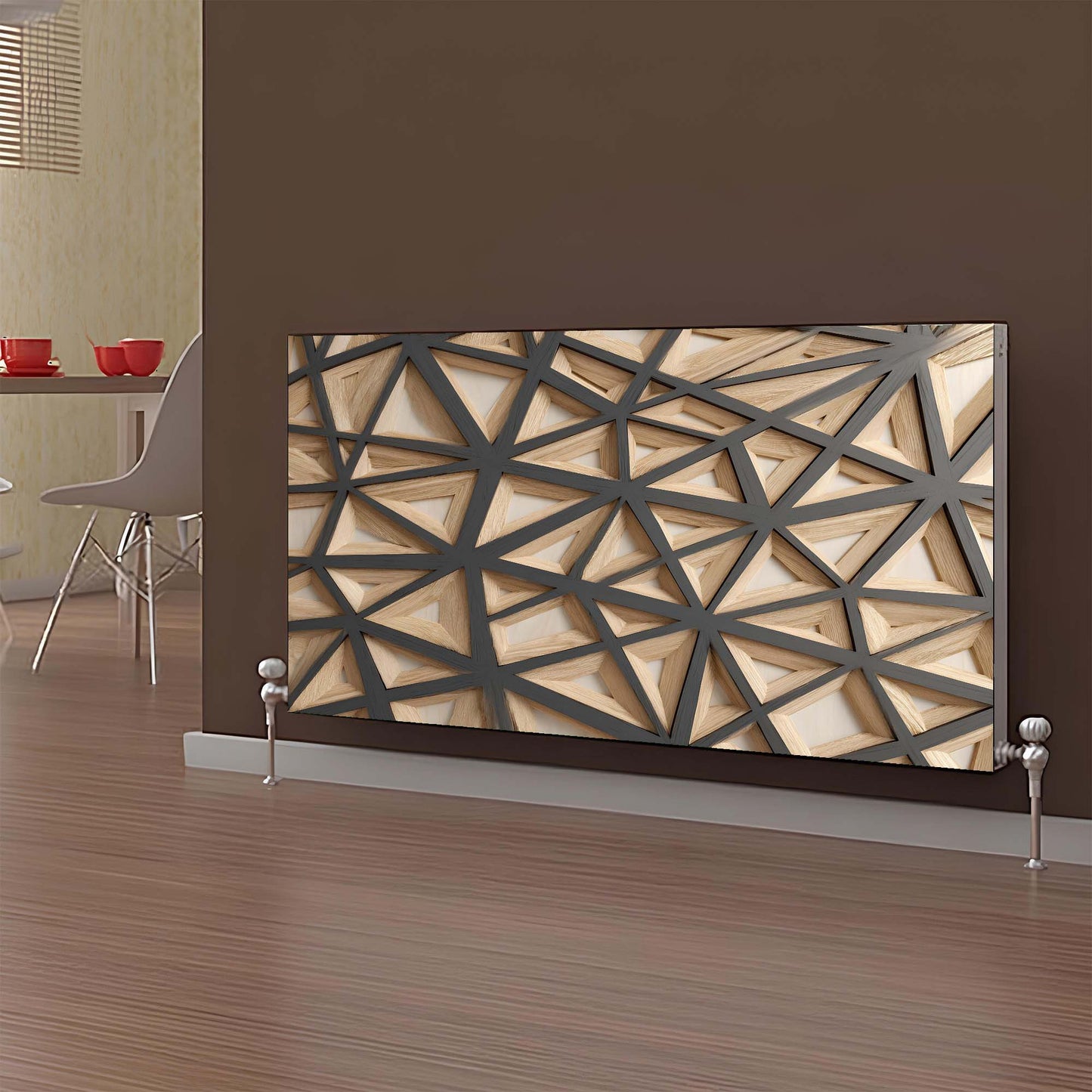 Decorative magnetic radiator cover with geometric pattern on a brown wall