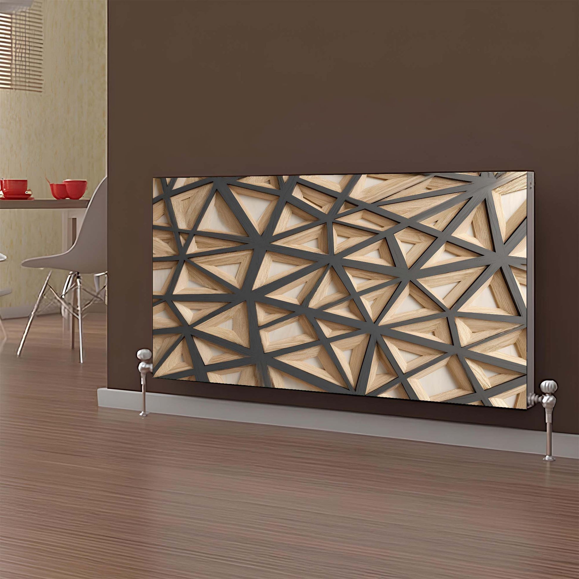 Decorative magnetic radiator cover with geometric pattern on a brown wall