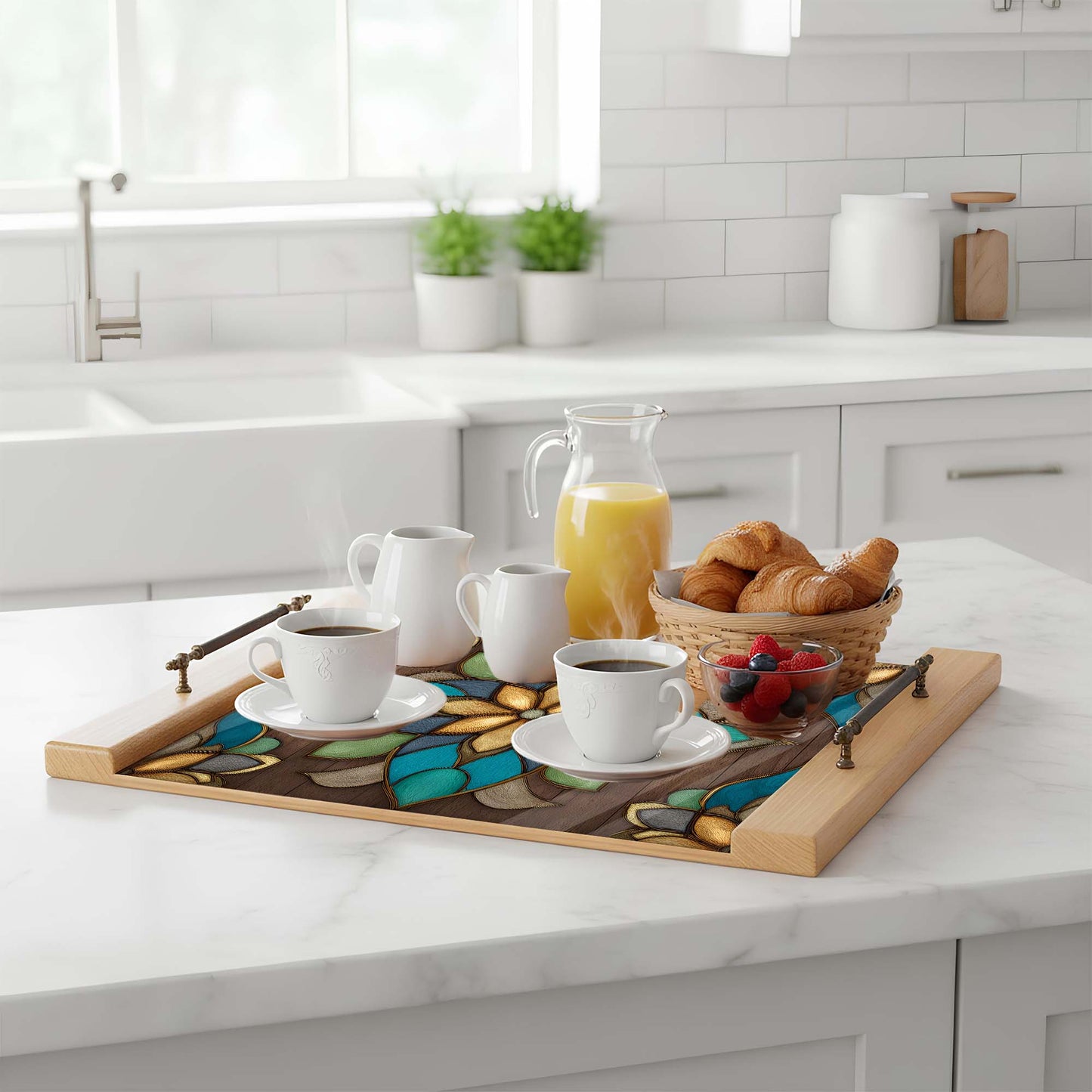 Wooden tray with breakfast items on a kitchen counter