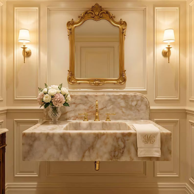 Luxurious bathroom with marble sink, gold fixtures, and decorative mirror.