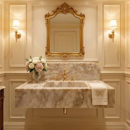 Luxurious bathroom with marble sink, gold fixtures, and decorative mirror.