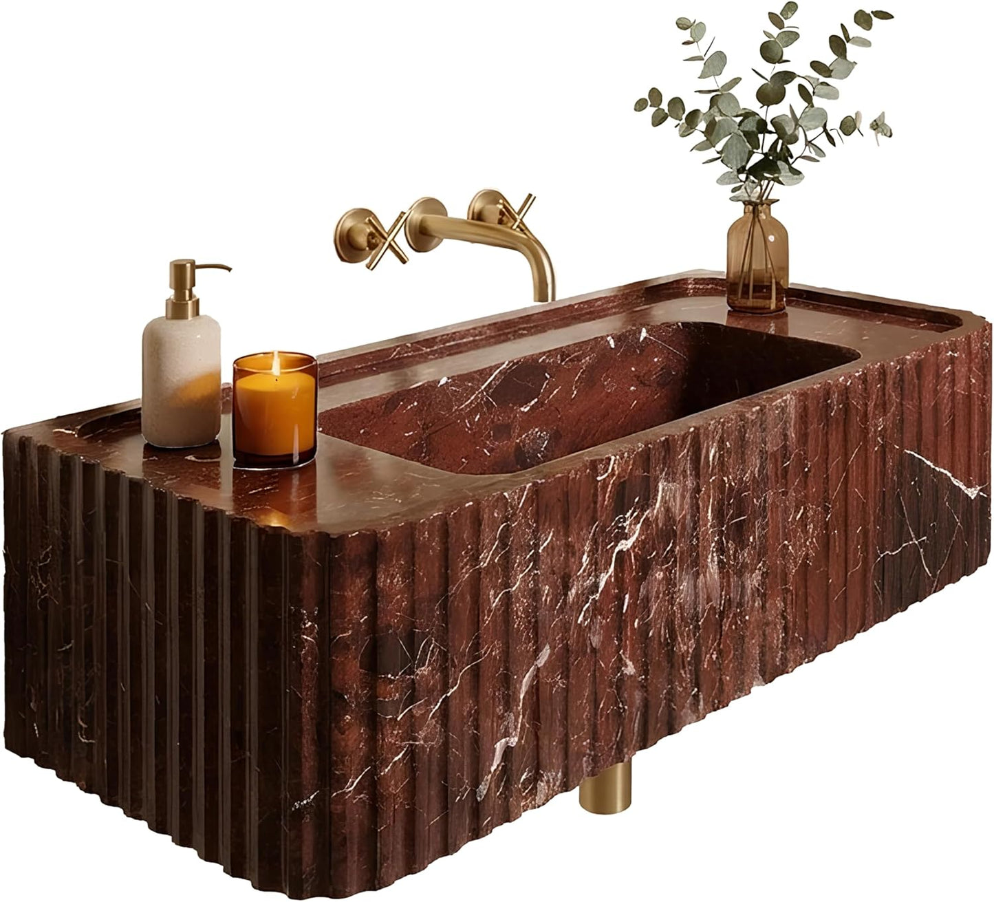 Marble sink with gold fixtures, candle, and plant on a white background