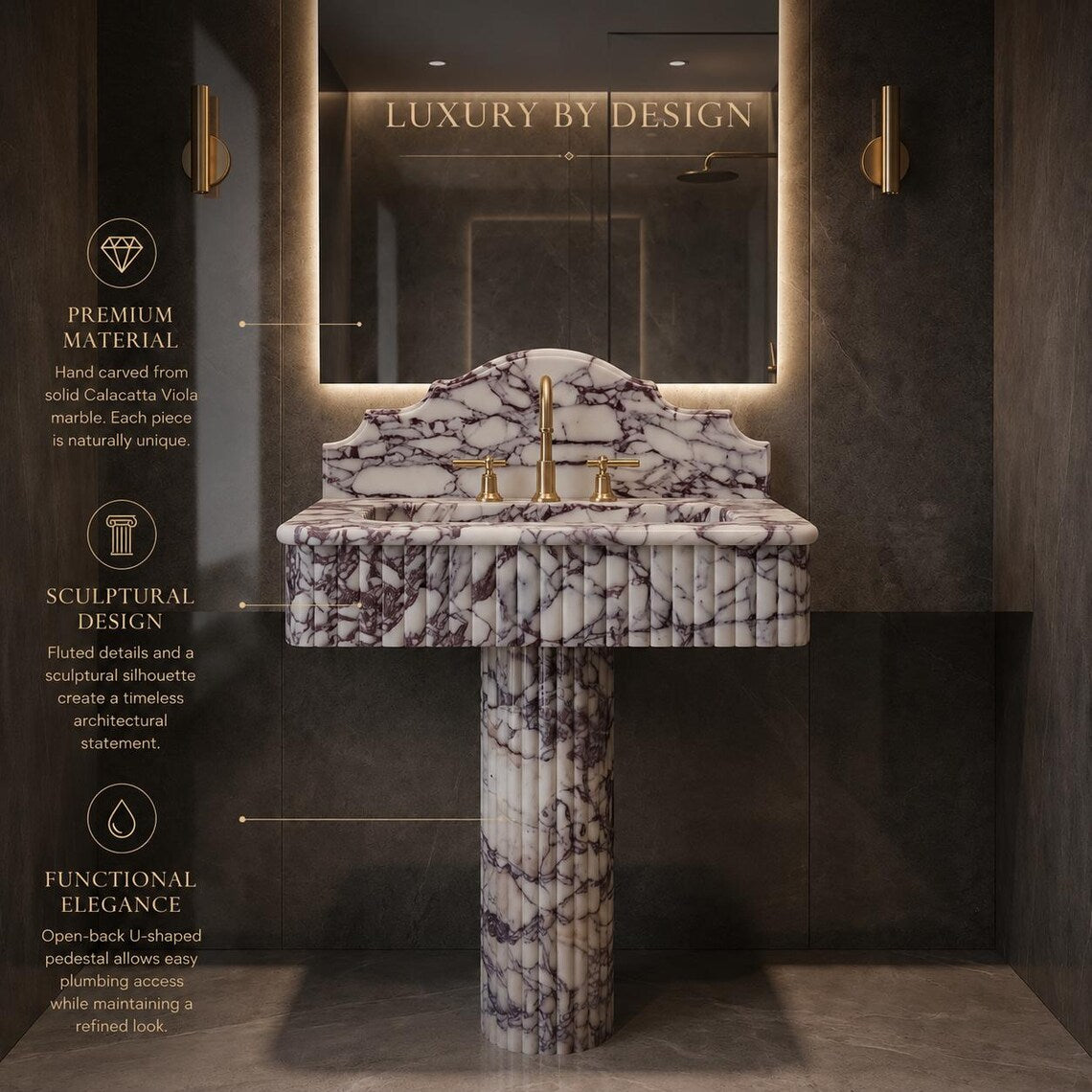 Marble sink with gold fixtures in a bathroom setting, featuring text about material and design.