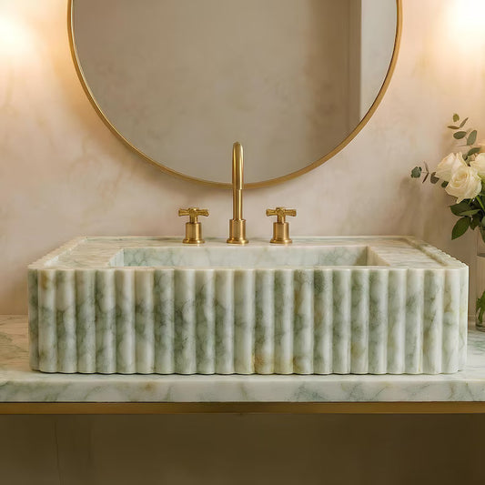 Green Hand-Carved Marble Vessel Sink for Bathroom & Kitchen | E-19