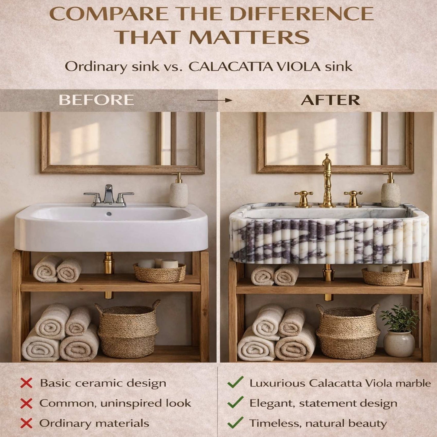Bathroom vanity with a white sink before and after upgrade to a Calacatta Viola marble sink.