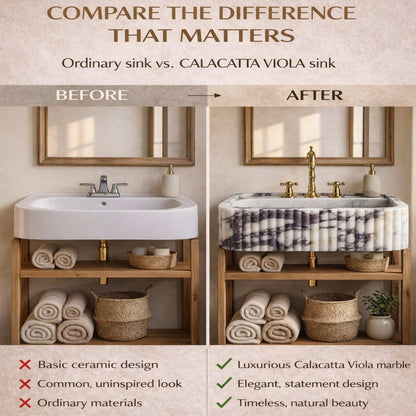 Bathroom vanity with a white sink before and after upgrade to a Calacatta Viola marble sink.
