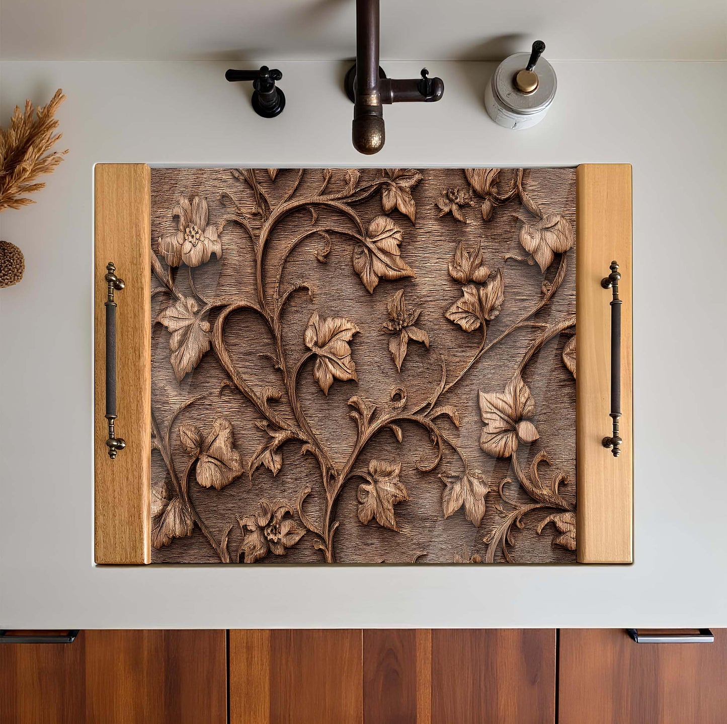 Wooden decorative sink cover with floral carvings on a sink.